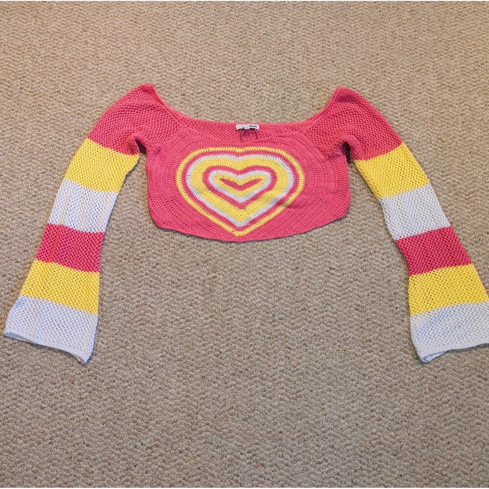Fashion Nova Crochet Cropped Sweater Womens L Heart Flare Sleeve Festival